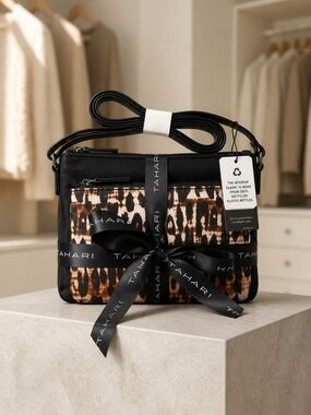Tahari Set Of Two Bags Black Crossbody with  Animal-Print Wristlet